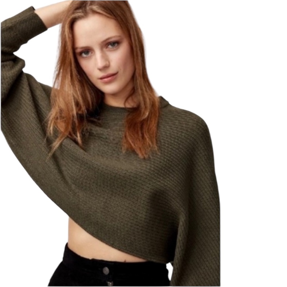 WILFRED FREE LOLAN OLIVE GREEN MERINO WOOL CROPPED DOLMAN SLEEVE SWEATER TOP 2